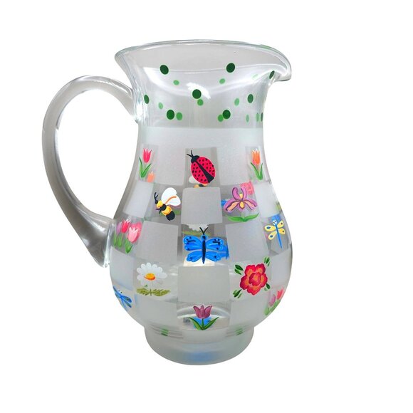 Lenox Natures Splendor Hand-Painted Glass Pitcher Floral & Insect Motifs 72 Oz - Picture 2 of 11